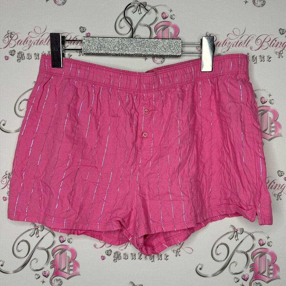 Victoria secret pink shorts striped silver shimmer buttons elastic logo waist